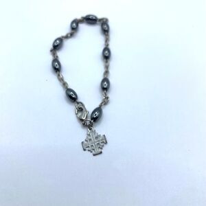 Hematite Bracelet Rosary Jerusalem Cross Pendant Jewelry Religious Silver Black